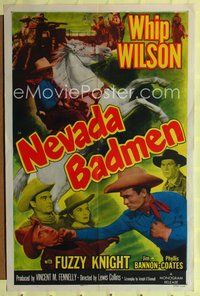 9d601 NEVADA BADMEN 1sh '51 Whip Wilson with Phyllis Coates, punching bad guy & on horse!