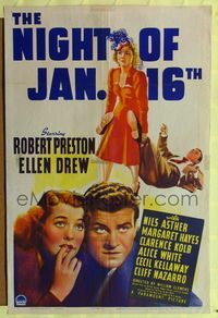 9d610 NIGHT OF JANUARY 16th 1sh '41 Robert Preston & pretty Ellen Drew, Ayn Rand play!