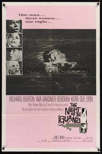 9d612 NIGHT OF THE IGUANA 1sh '64 Richard Burton, Ava Gardner, Sue Lyon, Deborah Kerr, John Huston