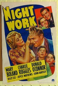 9d615 NIGHT WORK 1sh '39 Mary Boland, Charlie Ruggles, super young Donald O'Connor!