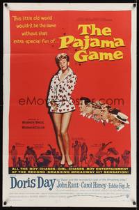 9d648 PAJAMA GAME 1sh '57 sexy full-length image of Doris Day, who chases boys!