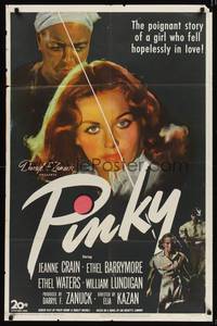 9d663 PINKY 1sh '49 Elia Kazan directed, Jeanne Crain, classic half-white/half-black image!