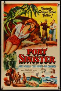 9d673 PORT SINISTER style A 1sh '53 great art of man shooting at giant crab attacking bound girl!