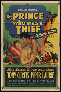 9d679 PRINCE WHO WAS A THIEF 1sh '51 romantic art of Tony Curtis & pretty Piper Laurie!
