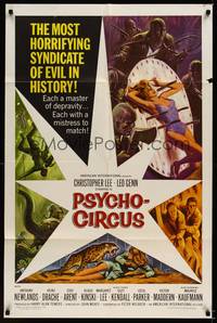 9d690 PSYCHO-CIRCUS 1sh '67 most horrifying syndicate of evil, cool art of sexy girl terrorized!