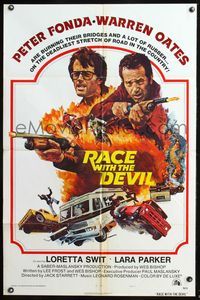 9d701 RACE WITH THE DEVIL style A int'l 1sh '75 Peter Fonda, Warren Oates, burning bridges & rubber