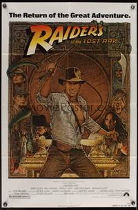 9d705 RAIDERS OF THE LOST ARK 1sh R82 great art of adventurer Harrison Ford by Richard Amsel!