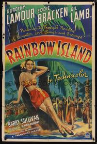 9d707 RAINBOW ISLAND 1sh '44 art of super sexy Dorothy Lamour wearing sarong by palm tree!