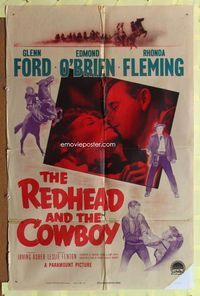 9d711 REDHEAD & THE COWBOY 1sh '51 great romantic super close up of Glenn Ford & Rhonda Fleming!