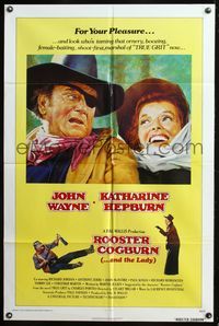 9d734 ROOSTER COGBURN int'l 1sh '75 great art of John Wayne with eyepatch & Katharine Hepburn!