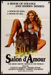 9d744 SALON D'AMOUR 1sh '76 artwork of sexy Colette Marevil behind mansion, rated X!