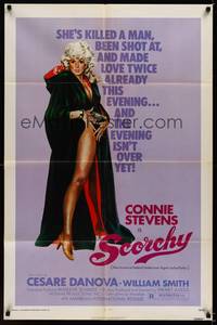 9d758 SCORCHY 1sh '76 full-length art of sexiest barely-dressed Connie Stevens in black cape!