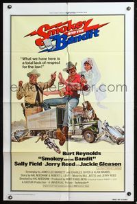 9d806 SMOKEY & THE BANDIT int'l 1sh '77 art of Burt Reynolds, Sally Field & Jackie Gleason by Solie