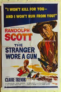 9d850 STRANGER WORE A GUN 1sh R61 cool art of cowboy Randolph Scott, sexy Claire Trevor!