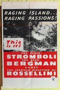 9d853 STROMBOLI military 1sh R60s Ingrid Bergman, directed by Roberto Rossellini, cool volcano art!