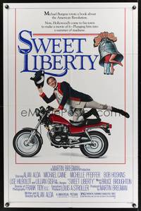 9d862 SWEET LIBERTY 1sh '86 wacky image of patriot Alan Alda on motorcycle!