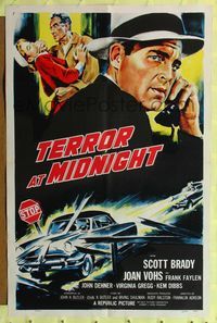 9d886 TERROR AT MIDNIGHT 1sh '56 Scott Brady, Joan Vohs, film noir, cool car crash art!
