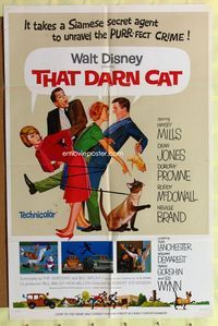 9d888 THAT DARN CAT style A 1sh '65 great art of Hayley Mills & Disney Siamese feline!