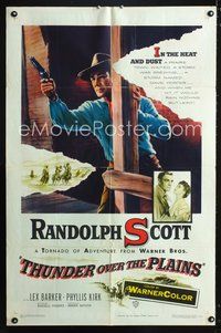 9d909 THUNDER OVER THE PLAINS 1sh '53 cowboy Randolph Scott hits like a tornado!