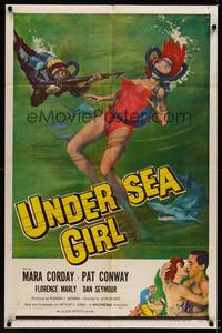 9d935 UNDERSEA GIRL 1sh '57 cool artwork of sexy deep sea scuba diver in peril!