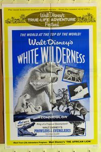 9d971 WHITE WILDERNESS 1sh R64 Disney, cool art of polar bear & arctic animals on top of world!