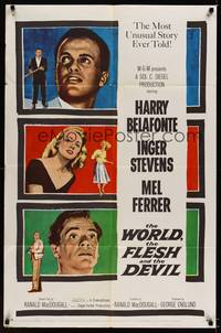 9d985 WORLD, THE FLESH & THE DEVIL 1sh '59 Inger Stevens between Harry Belafonte & Mel Ferrer!
