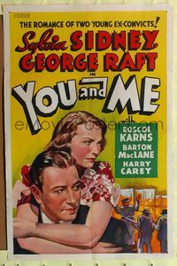 9d995 YOU & ME other company 1sh '38 Fritz Lang, romantic art of Sylvia Sidney & George Raft!