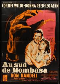 9e163 BEYOND MOMBASA French 1p '57 different art of Wilde, Donna Reed & giant claw by Bertrand!