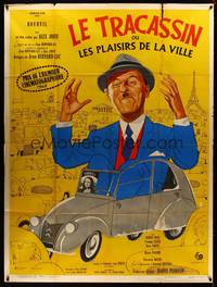 9e174 BUSYBODY French 1p '61 wacky art of giant Bourvil in tiny car w/Mona Lisa by Vanni Tealdi!