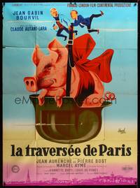 9e226 FOUR BAGS FULL French 1p '56 Jean Gabin, Bourvil, art of giant pig in helmet by Hurel!