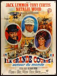 9e239 GREAT RACE style A French 1p '65 art of Tony Curtis, Jack Lemmon & Natalie Wood by Mascii!