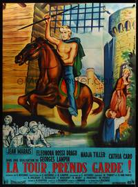 9e267 KING ON HORSEBACK French 1p '58 La Tour, prends garde, art of Marais on horse by Bertrand!