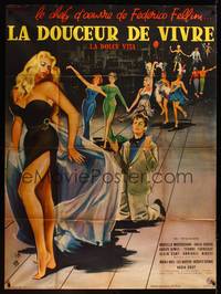 9e274 LA DOLCE VITA French 1p '61 Fellini, art of sexy Anita Ekberg & Mastroianni by Yves Thos!