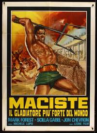 9e443 COLOSSUS OF THE ARENA Italian 1p R67 cool art of Mark Forest as Maciste with trident!