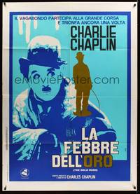 9e477 GOLD RUSH Italian 1p R70s Charlie Chaplin classic, art of him freezing cold by Ferrini!