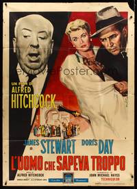 9e508 MAN WHO KNEW TOO MUCH Italian 1p R63 Hitchcock shown, art of Stewart & Doris Day by Nistri!