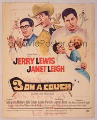 9e004 3 ON A COUCH WC '66 great image of screwy Jerry Lewis squeezing sexy Janet Leigh!