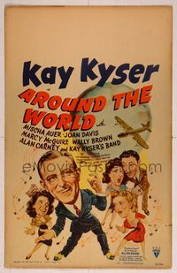 9e012 AROUND THE WORLD WC '43 cool cartoon art of Kay Kyser & top stars with plane & globe!