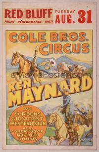 9e001 COLE BROS. CIRCUS: KEN MAYNARD AUGUST 31 WC '37 cool stone litho of the cowboy doing stunts!