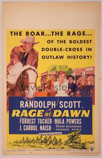9e094 RAGE AT DAWN WC '55 cool artwork of outlaw hunter Randolph Scott on horseback!