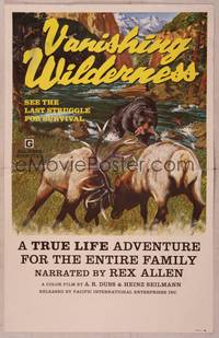 9e128 VANISHING WILDERNESS WC '74 cool art of caribou locking horns & bear with fish in river!