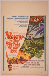9e131 VOYAGE TO THE BOTTOM OF THE SEA WC '61 fantasy sci-fi art of scuba divers & monster!