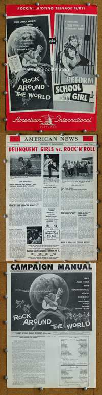 9f415 ROCK AROUND THE WORLD/REFORM SCHOOL GIRL pressbook '50s rock 'n' roll & bad girl teens!