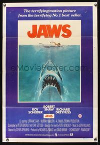 9j537 JAWS Aust 1sh '75 art of Steven Spielberg's classic man-eating shark attacking sexy swimmer!