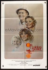 9j556 ON GOLDEN POND Aust 1sh '81 art of Katharine Hepburn, Henry Fonda, and Jane Fonda by deMar!