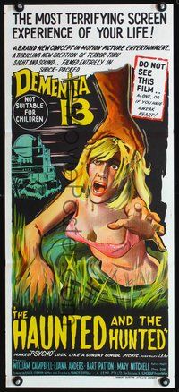 9j687 DEMENTIA 13 vertical style Aust daybill '63 Francis Ford Coppola, Corman, cool horror art!
