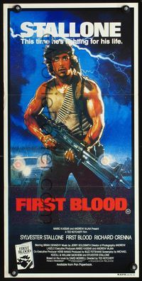 9j714 FIRST BLOOD Aust daybill '82 artwork of Sylvester Stallone as John Rambo by Drew Struzan!