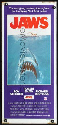 9j776 JAWS Aust daybill '81 art of Spielberg's classic man-eating shark attacking sexy swimmer!