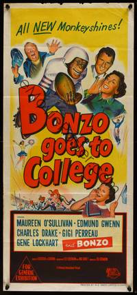 9j635 BONZO GOES TO COLLEGE Aust daybill '52 art of chimp playing football, all new monkeyshines!