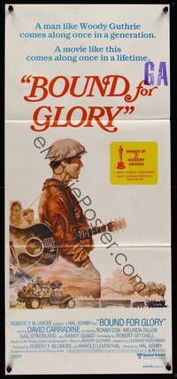 9j636 BOUND FOR GLORY Aust daybill '76 David Carradine as folk singer Woody Guthrie, Tom Jung art!